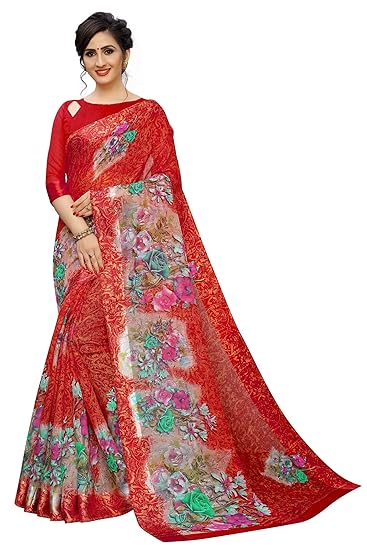 Womens Digital Linen Saree with Unstitched Blouse Piece (DigiFlood)