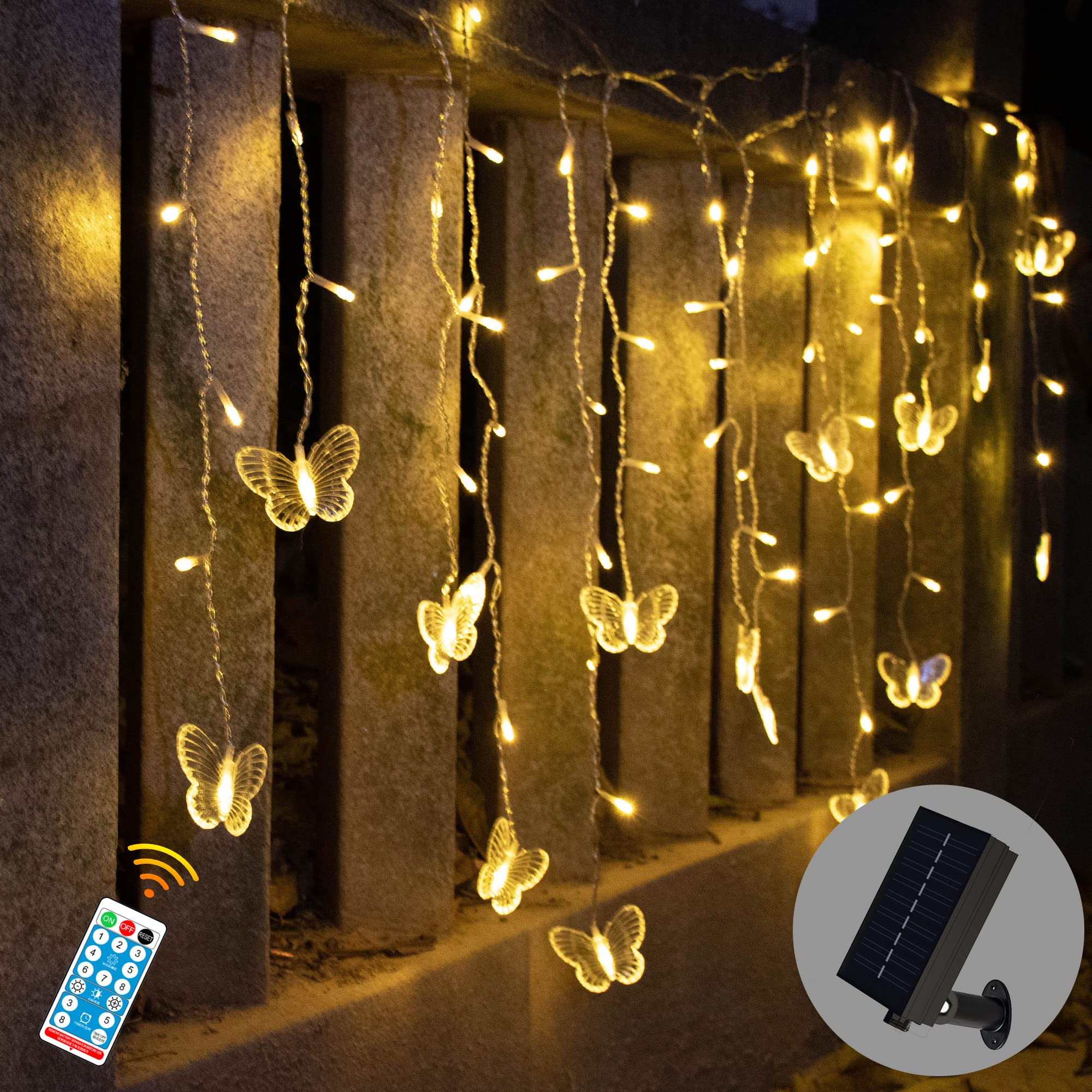Solar Powered Butterfly Curtain Lights 4m LED Fairy Lights with Remote, USB Rechargable Waterproof Solar Lights Outdoor Garden Butterfly Ornaments for Patio Yard Gazebo Decoration (Warm White)