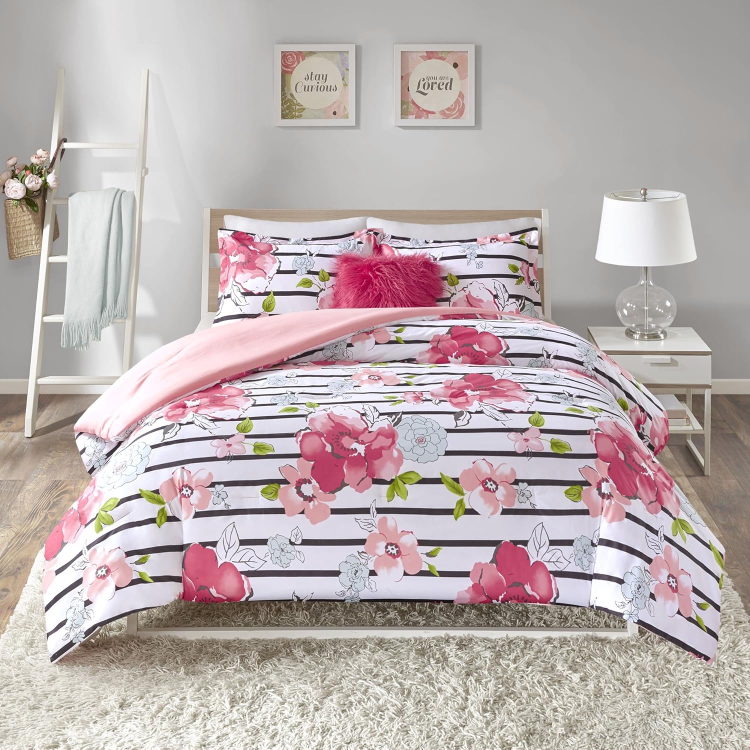 Comfort Spaces Zoe Comforter Set Printed Striped Floral Design with Faux Long Fur Decorative Pillow Bedding, Twin/Twin XL, Pink: Home & Kitchen