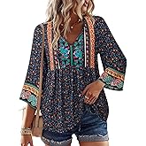 Unixseque Summer Boho Womens Tops Floral Print Dressy Casual V-Neck Tie Front Trendy Fall 3/4 Sleeve Blouses