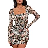 Prinbara Womens Mesh Long Sleeve Square Neck Ruched Mini Dress Sexy Bodycon Elegant Cocktail Evening Club Party Short Dresses