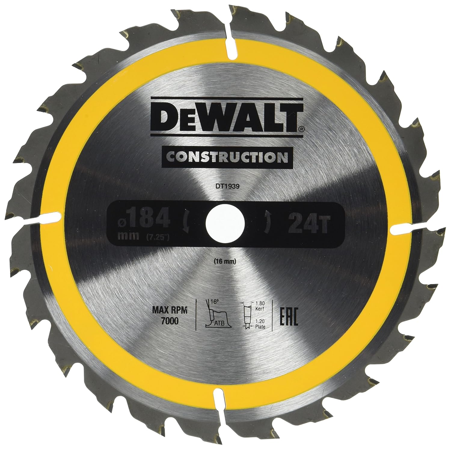 Dewalt DT1939QZ Construction Circ Saw Blade, Yellow, 184 x 16 mm