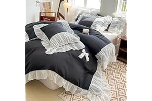 MOOWOO Chic Lace Bedding with Lovely Bow-Romantic Ruffle Duvet Cover Set, 2 Piece Comforter Duvet Cover with Zipper Closure, French Princess Style,Coquette Room Decor-Black,Twin Size