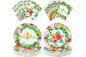 FAIROOTH 100 Pcs Hawaiian Paper Napkins Plates Tropical Luau Party Supplies 9 Inch Disposable Plates and Party Napkins Tropical Palm Leaf and Hibiscus Aloha Summer Party Tableware Set, Serve for 25 Guests
