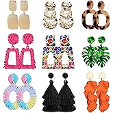 JeryWe 9 Pairs Clip on Earrings for Women Fashion Rattan Acrylic Tassel Drop Dangle Earrings Set Lightweight Geometric Statement Bohemian Clip Earrings for Non Piercied