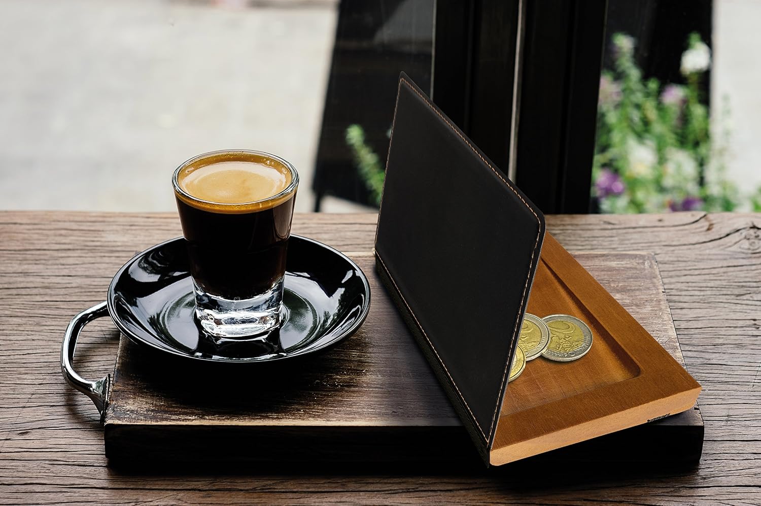 Securit Trendy Menu Range, Faux Leather Bill Presenter for Restaurants & Cafes with Wooden Coin Holder, Check Card Holder - Image 5