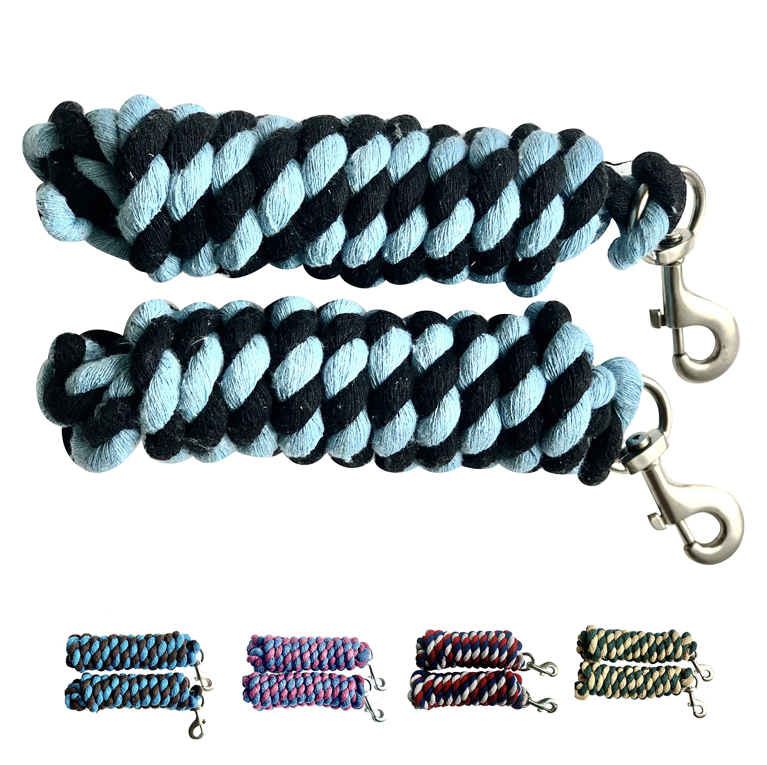 Majestic Ally Pack of 2 Solid Cotton Lead Rope for Horses & Livestock – 10 Foot Long and 5/8 inch Thick - Replaceable Heavy-Duty Satin Bolt Snap – Handmade – Soft, Broken in Feel (Sky Blue - Black)
