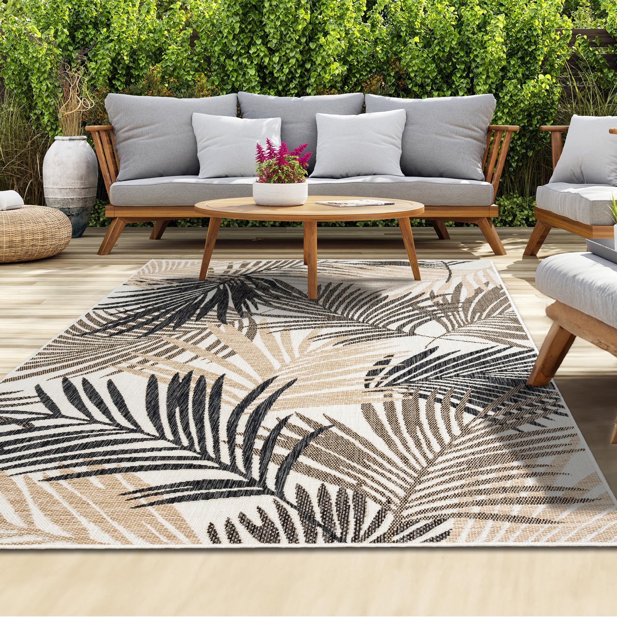 homeart Outdoor Rug - Easy-Clean, Durable, Stain-Resistant, Weather & UV Resistant Indoor & Outdoor Rugs for Porch, Deck, Balcony, Garden, Picnic and Patio | Palm Black, Beige - 80x150cm — image 1