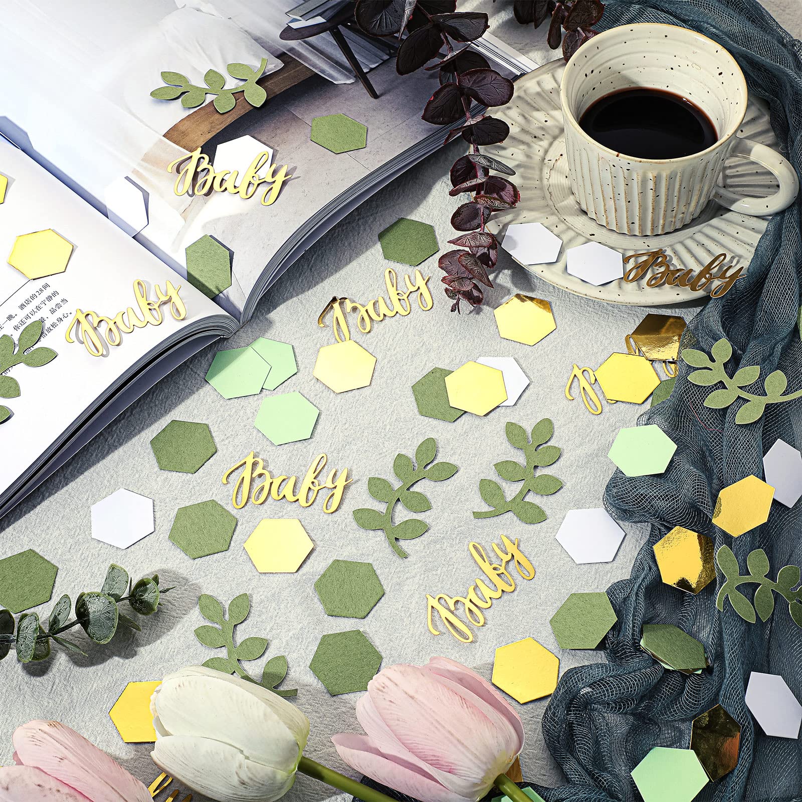 220 Pcs Greenery Baby Shower Confetti Table Decoration with Eucalyptus Sage Green Gold Paper Neutral Confetti Scatter Hexagon Shape for Baby Girl Boy Gender Reveal Birthday Party Decor(Fresh Color)