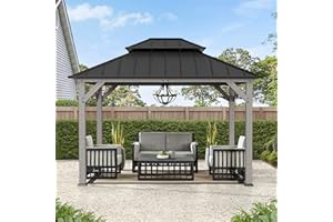 SUNJOY 10 x 12 ft. Wood Gazebo, Outdoor Patio Cedar Framed Steel Hardtop Gazebo with 2-Tier Metal Roof, Suitable for Patios, 