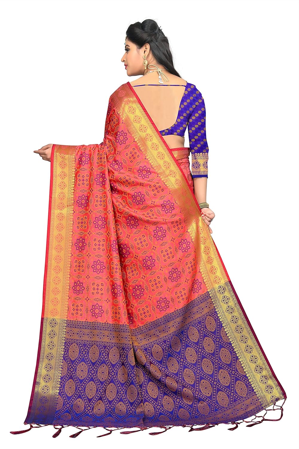 fabrica fab women's pink and blue patola silk saree with blouse piece