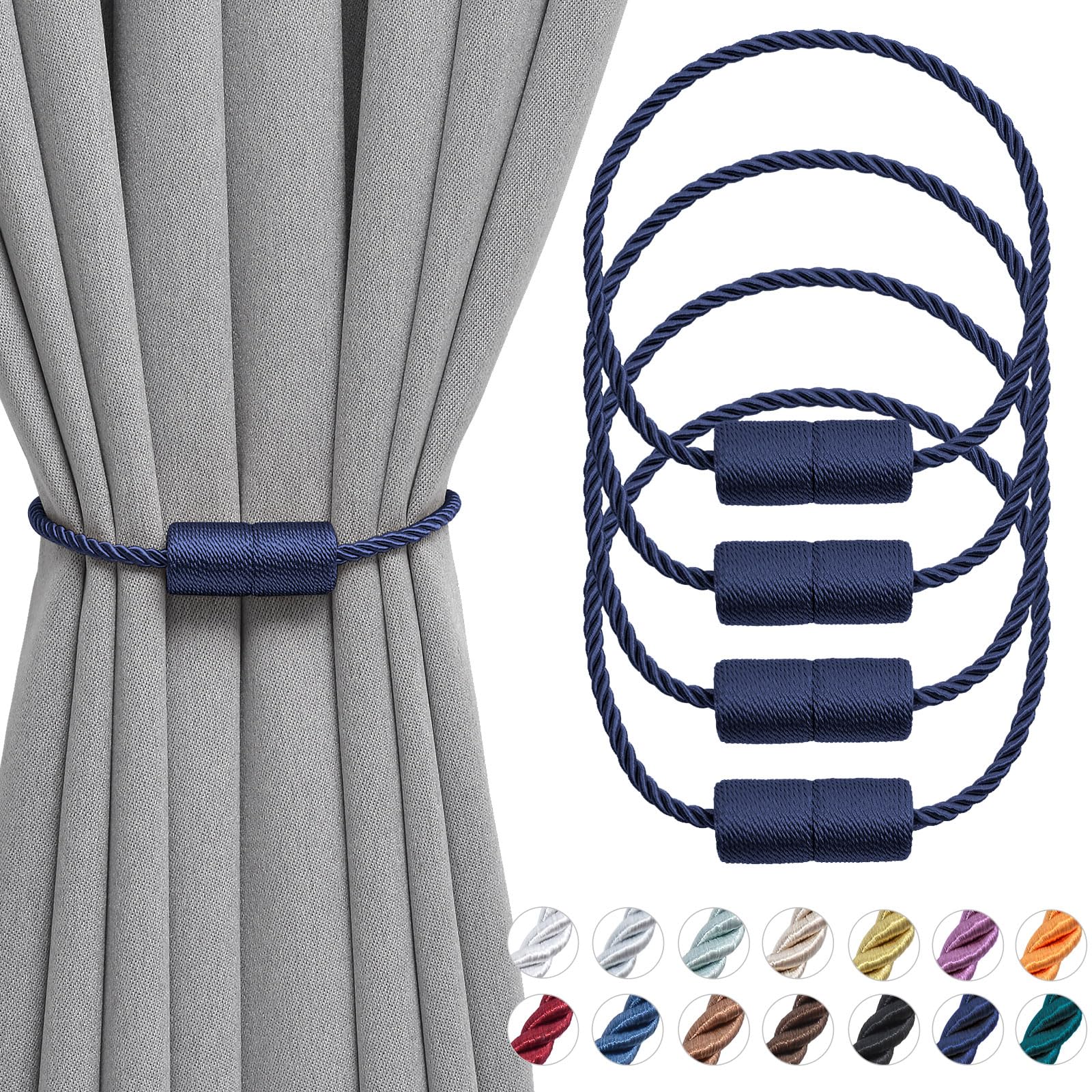 Pretty Jolly 4 Pack Magnetic Curtain Tiebacks 16 Inch Handmade Weave Side Rope Curtain Holdbacks Convenient Decorative Cylinder Curtain Drape Tie Backs for Home & Office Window Drapery (Dark Blue)