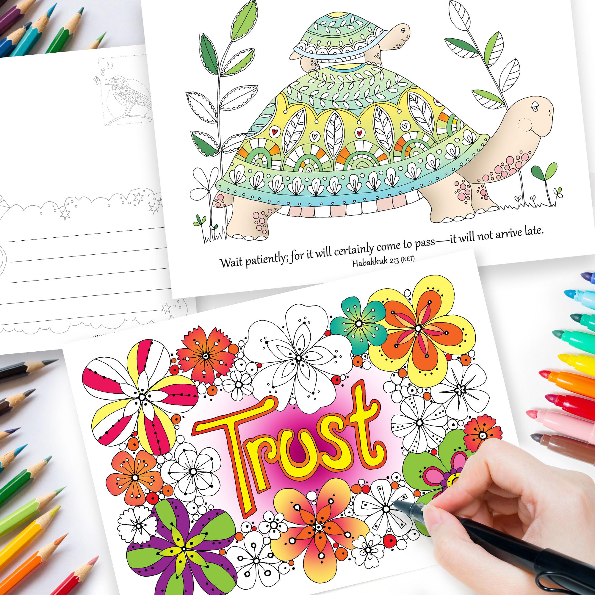 Christian Colouring Postcards, Images of Hope, Pack of 10 different designs, with coloured Bible verse on reverse. Makes a great Christian gift for adults or children, by Just Cards Direct.