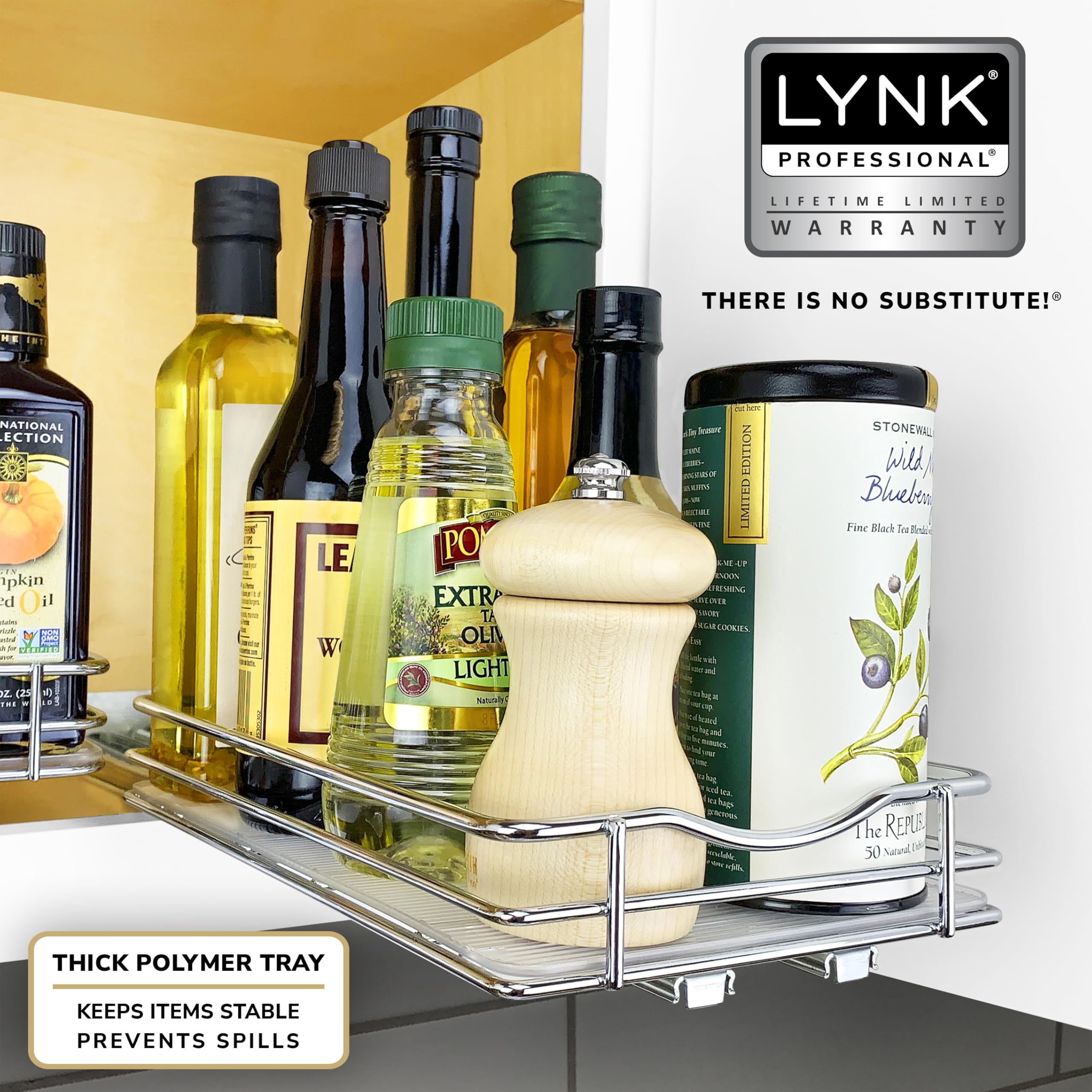 LYNK PROFESSIONAL® Pull Out Spice Rack Organizer for Inside Kitchen Cabinets - 6-3/8 inch Wide - Slide Out Drawer – Chrome Sliding Spice Cabinet Organization Shelf Racks - 1 Tier