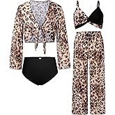 GRACE KARIN Teen Girls Bathing Suits Kids 4 Piece Long Sleeve Swimsuit Kimono Up Pants Bikini Tankini Set Swimwear