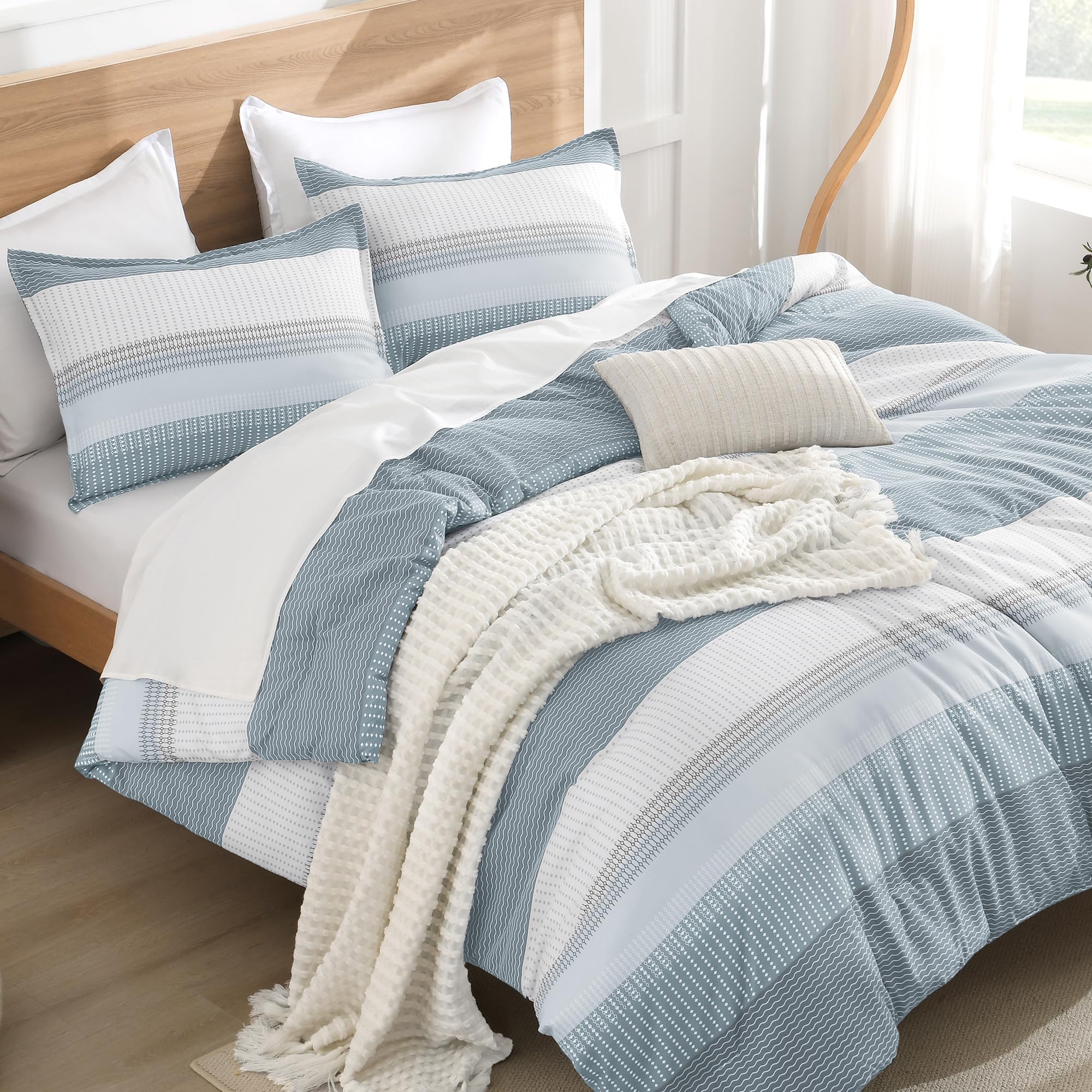 Photo 1 of Litanika Light Blue Comforter Twin/Twin XL Size Set, 2 Pieces Bedding Set, Single Blue White Colorblock Striped Bed Set (66x90In Comforter & 1 Pillowcase)