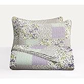 Chezmoi Collection Daisy 3-Piece Printed Patchwork Quilt Set - Purple Butterfly Botanical Candy Stripe Checkered Coverlet - Pre-Washed Microfiber Lightweight Reversible Bedspread, Queen Size