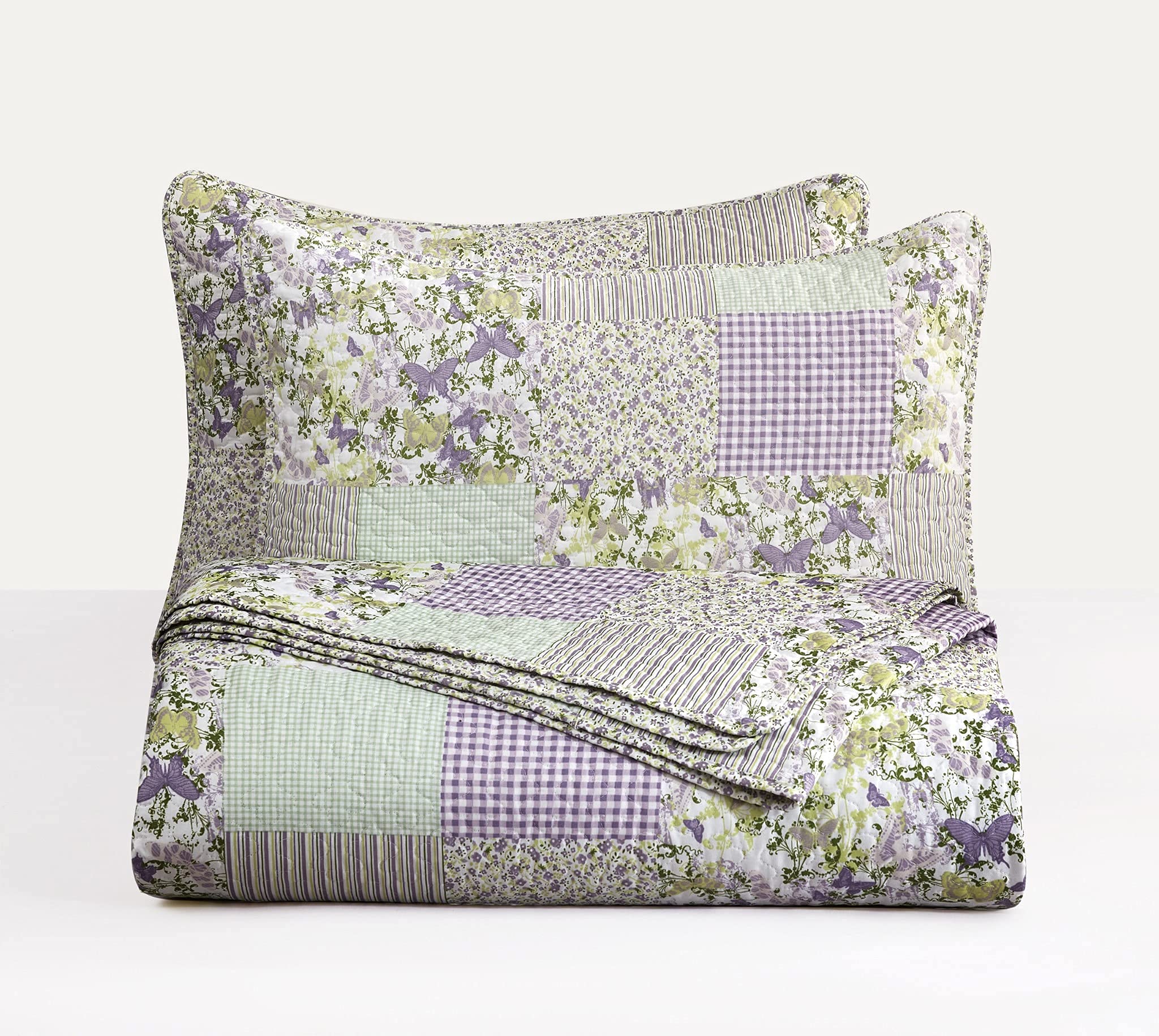 Photo 1 of Chezmoi Collection Daisy 3-Piece Printed Patchwork Quilt Set - Purple Butterfly Botanical Candy Stripe Checkered Coverlet - Pre-Washed Microfiber Lightweight Reversible Bedspread, Queen Size