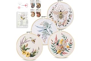 Santune 4 Pack Embroidery Kit for Beginners,Needlepoint Cross Stitch Kits for Adults,Needle Point Sets with Bee Flower Pattern Stitch Video Tutorial