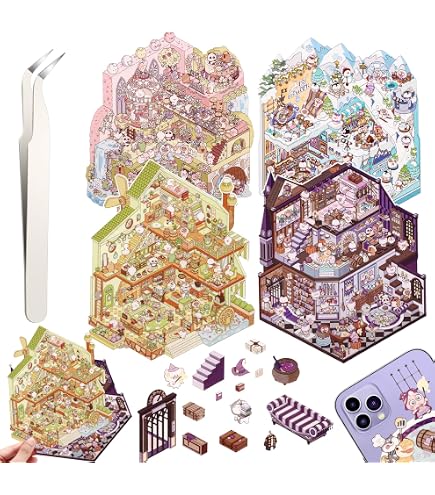 Grands Autocollants 3D Scène, Ensemble de 4 Autocollants 3D mignons et amusants de Maison en Dessin Animé à Faire Soi-Même pour Thérapie pour Adultes et Enfants, Soulagement du Stress, Passer le Temps