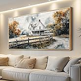 QIYILEXWART Wood Framed Canvas Wall Art For Living Room Wall Decor For Bedroom Office Wall Decoration White Hut Painting Farmhouse Watercolour Pictures Artworks Room Home Decor Ready To Hang