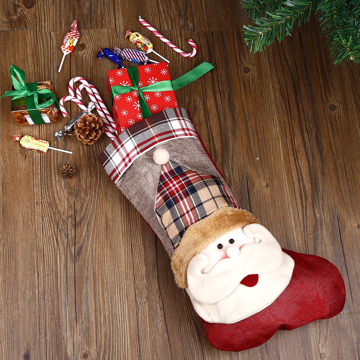 Christmas Stocking 3D Santa Claus Christmas Day Gift Classic Traditional Plaid Adorable Cute Holiday Decoration Ornament Decorate Your Home for Party Office Xmas Tree 18 inch