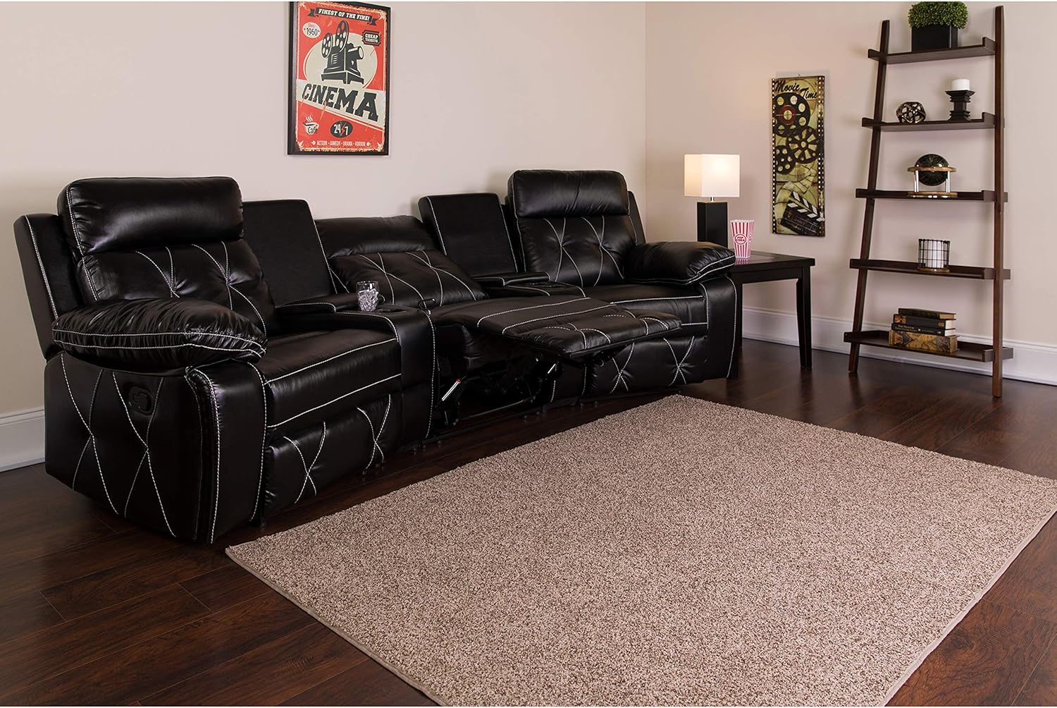 Flash Furniture Reel Comfort Series 3-Seat Reclining Brown LeatherSoft Theater Seating Unit with Curved Cup Holders: Furniture & Decor