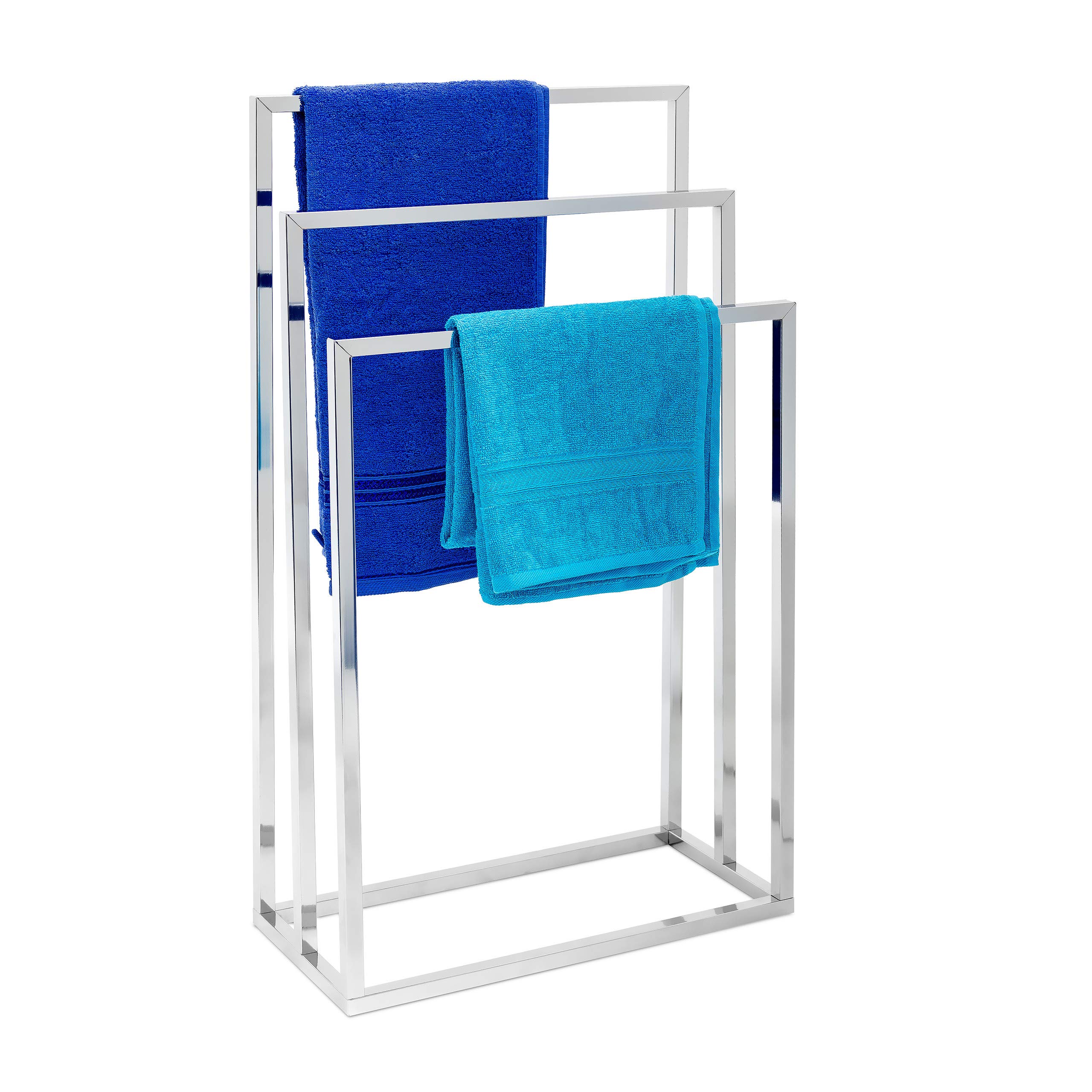 Relaxdays Towel Stand with 3 Arms: 82.5 x 46 x 21 cm Metal Chrome-Plated Stainless Steel Towel Rack with 3 Rails Large Bath Towel Holder, Modern Style, Metallic Silver