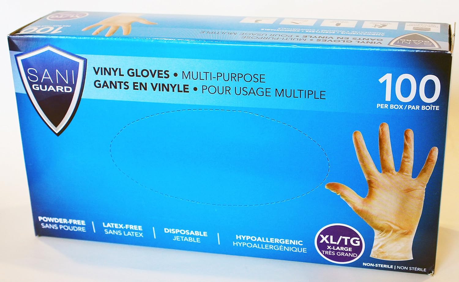 Sani Guard Vinyl Gloves, Extra Large, XL/TG , Single pack, 100 gloves