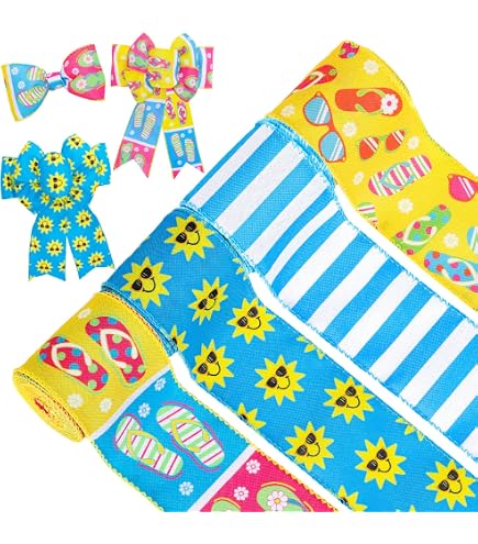 Wavyknot Summer Wired Ribbon 6-Pack - 30 Yards Total, 2" Wide Flip Flop Pattern For Crafts