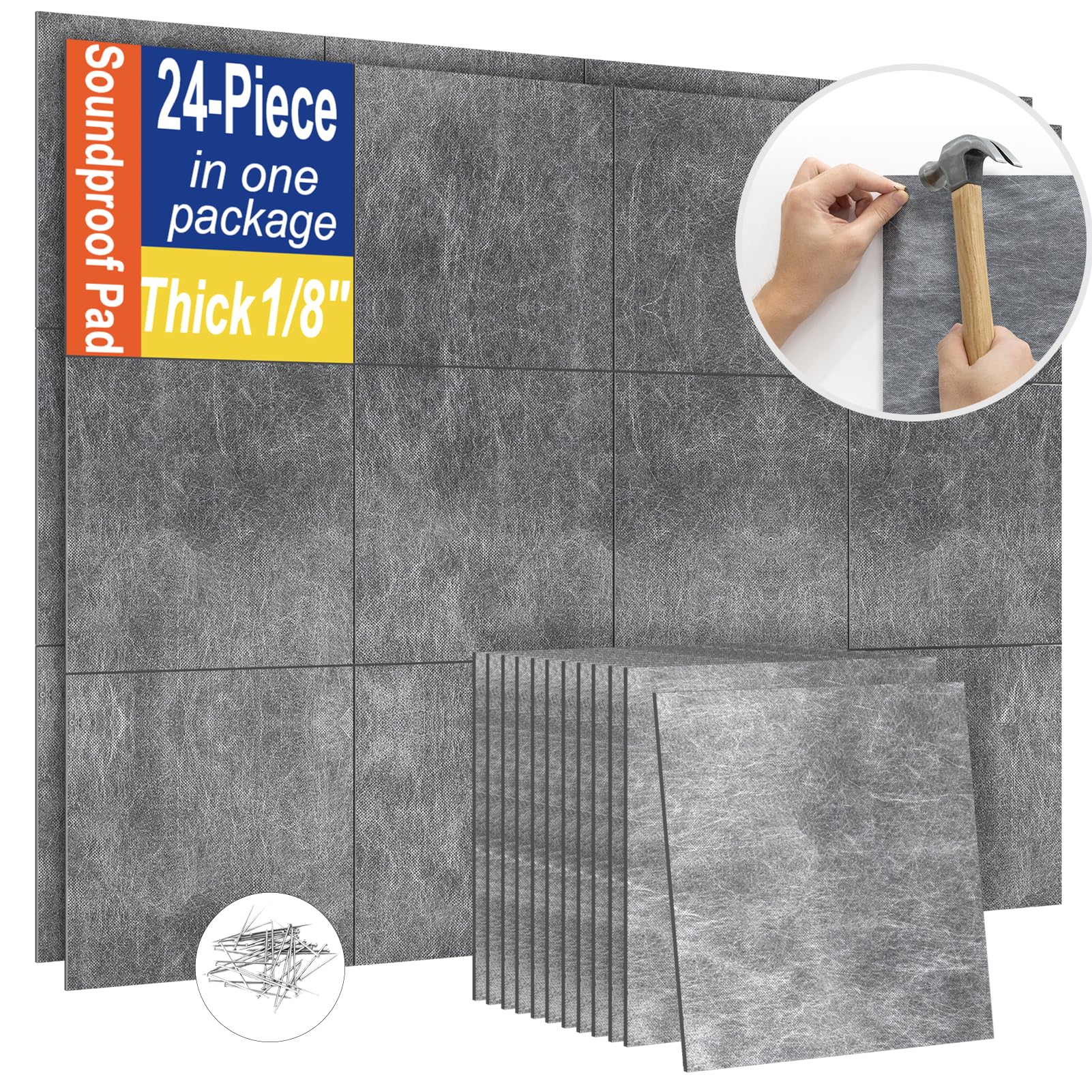 Photo 1 of ?Soundproofing PRO? 24 Pack 1/8 inch Thick Mass Loaded Vinyl Soundproofing Pads?Feel Like Added Wall? Easy to Install(Equip Nails), High Surface Density(1.25lbs/sqft) MLV Insulation Sound Proof Pads