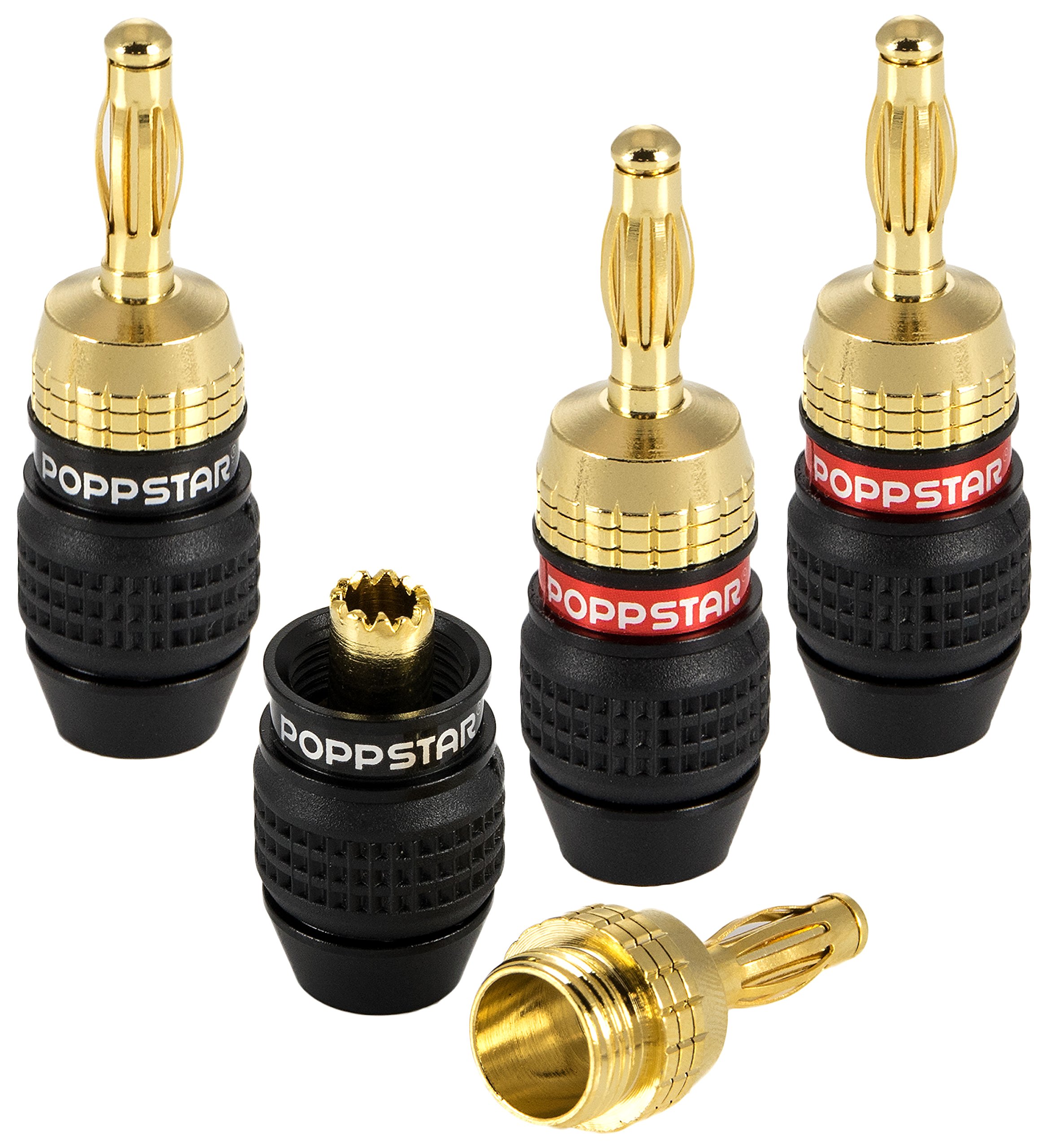 POPPSTAR 4x high end banana plugs (shielded), bananas for speaker cables (up to 6 mm²), speaker, AV receiver, 24k gold-plated (2x black, 2x red) — image 1