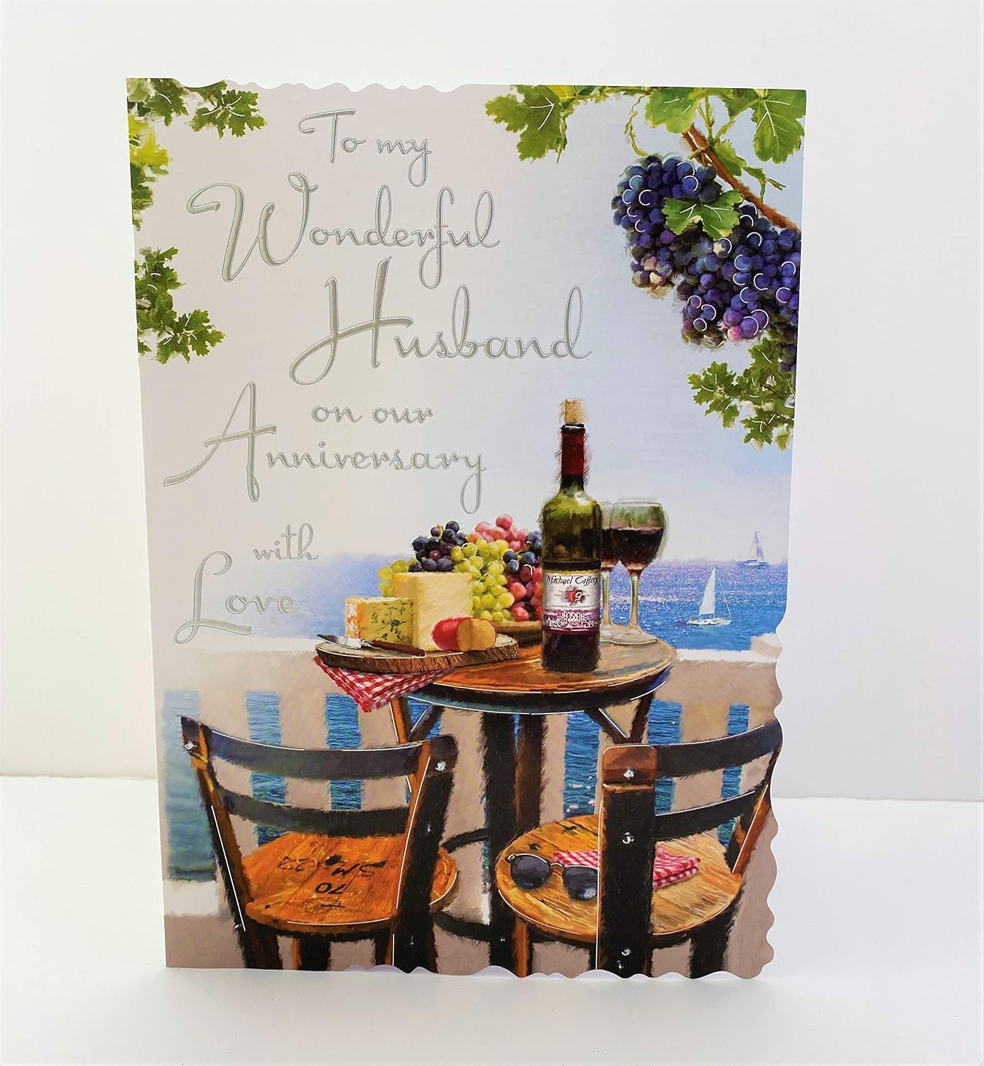 Jonny Javelin Large Wonderful Husband Anniversary Card - Sea View Red Wine Cheese, brown|white|grey, 19.8 cm x 27.3 cm