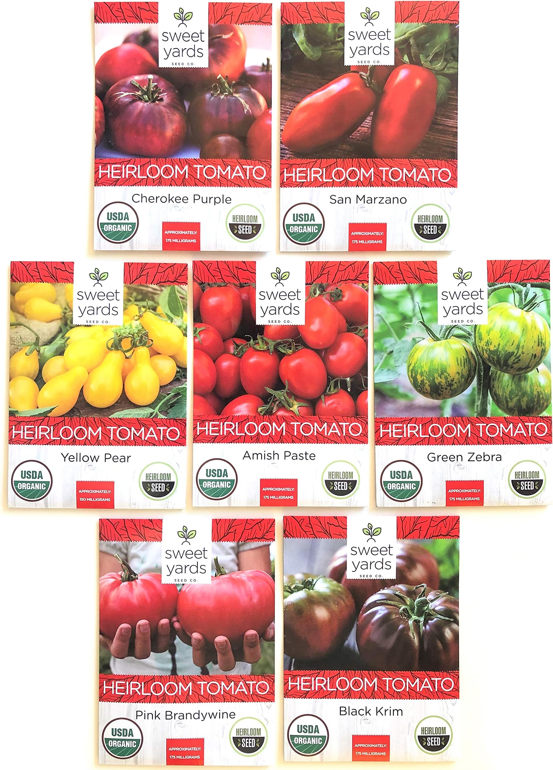 Heirloom Tomato Seeds Assortment - Seven Organic and Non-GMO Varieties: Pink Brandywine, Cherokee Purple, Black Krim, Green Zebra, Amish Paste, Yellow Pear, San Marzano
