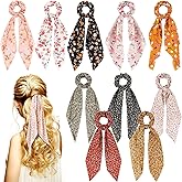 Chuangdi 10 Pcs Hair Scrunchies Hair Scarf with Ribbon Bunny Ears Chiffon Floral Bow Ponytail Holder Boho Elastic Floral Ropes 2 in 1 Vintage Accessories for Women (Ditsy Print)
