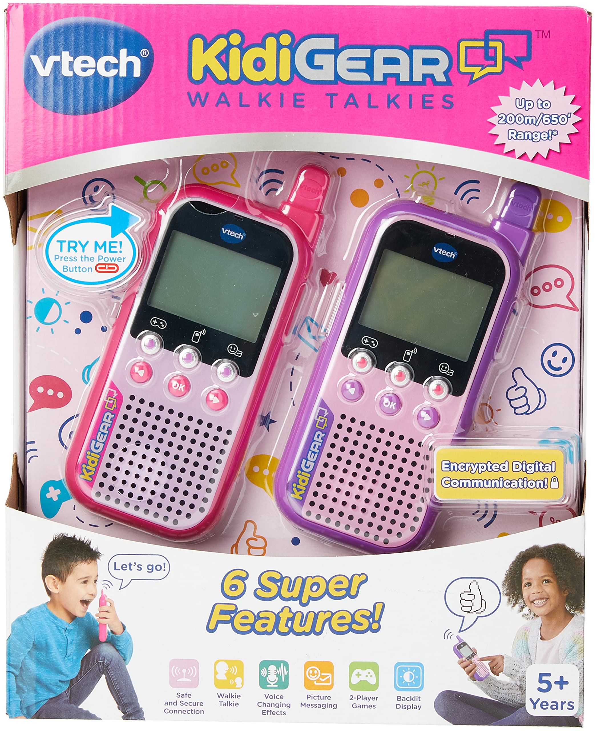 VTech KidiGear Walkie Talkies for Kids, Outdoor 65-foot Long Distance Walkie Talkies with Secure Digital Connection, Suitable for Boys and Girls 5+ years, Pink, English Version