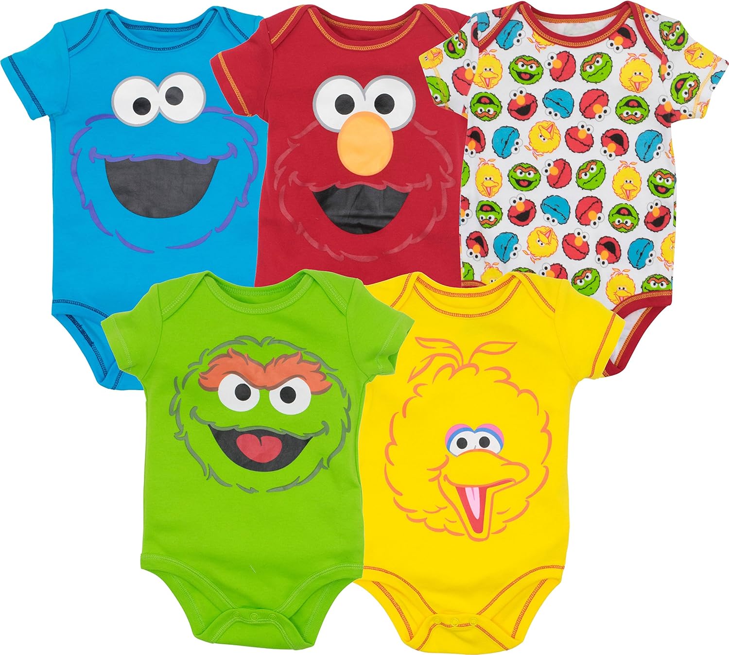 Sesame Street Baby Boy Girl 5 Pack Bodysuits - Elmo, Cookie Monster, Oscar and Big Bird