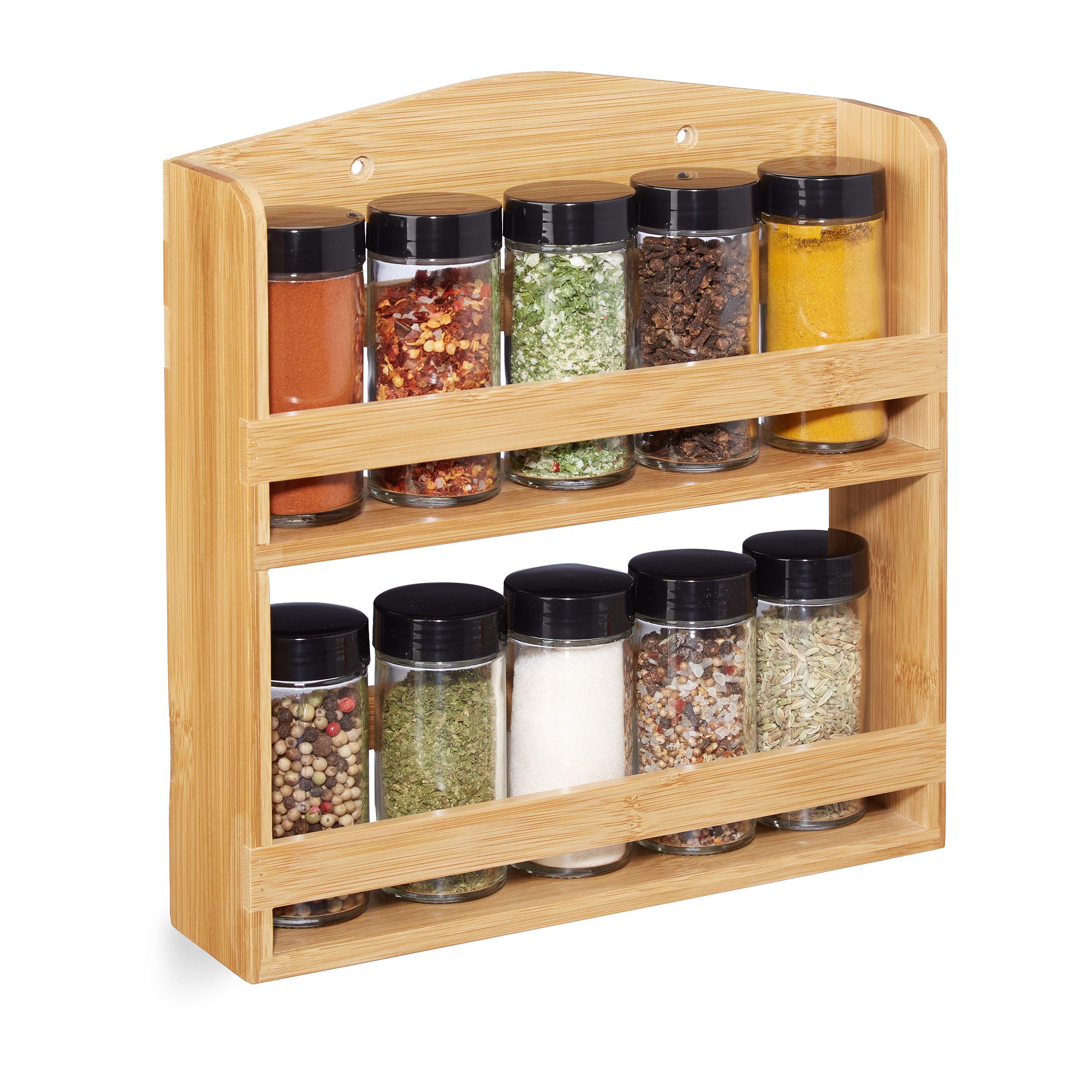 Relaxdays 10028825 Spice Rack, 10 Herb Jars with Shaker Inserts & Screw Caps, Standing & Hanging, Bamboo, Natural