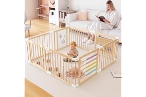 NAIZEA Wooden Playpen- Extra Large for Toddlers and Babies, Wood Baby Playpen, Baby Gate Fence Play Play Area, Adjustable Siz