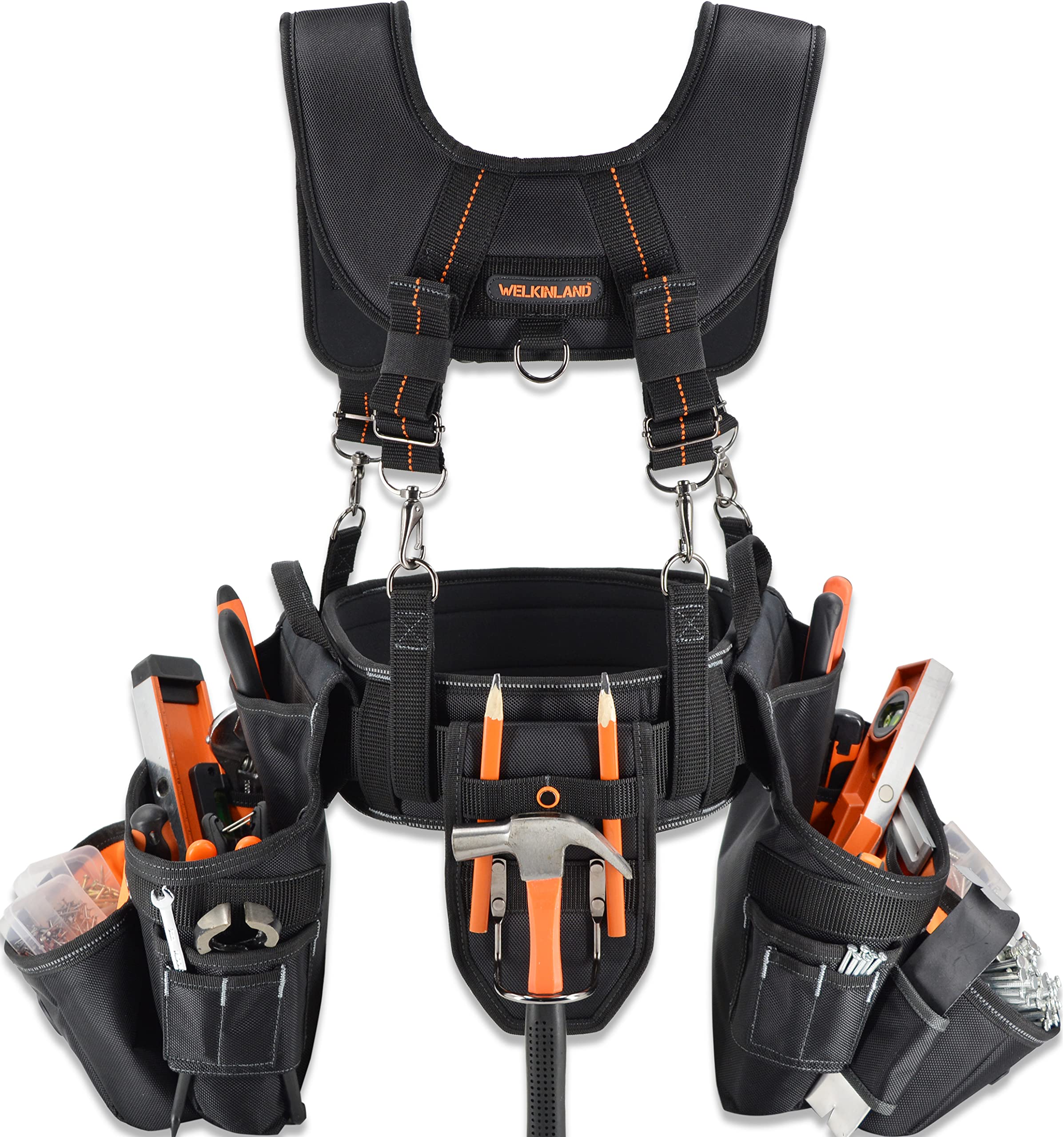 Photo 1 of WELKINLAND 39Pockets Tool Belts for Men with Suspenders, 4" Padded Toolbelt, Tool Belt with Suspenders, Black W/Orange, One Size (38"-48")