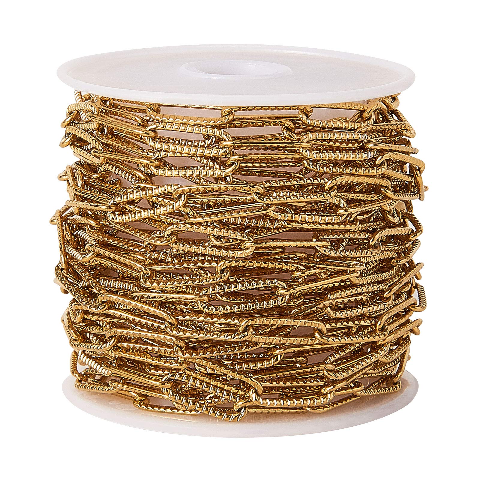 Airssory 16.4 Ft(5 Meters) Golden Plated Stainless Steel Paperclip Cross Chains Drawn Elongated Cable Chains Soldered with Spool Textured for Women Men Jewellery Making DIY Component - 12x4mm — image 1