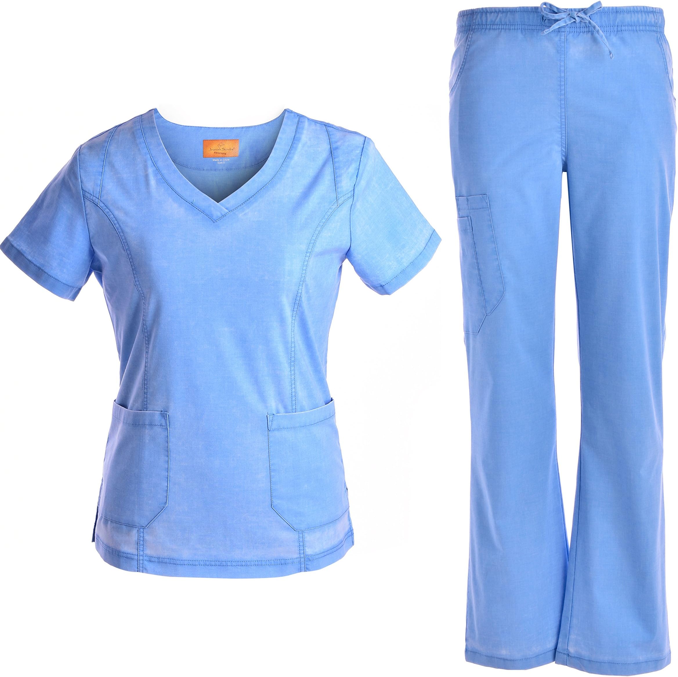 Women Stretch V Neck Set - Jeanish Washed Fashion Style 9 Pockets Fashion Workwear Top and Pants JS1604