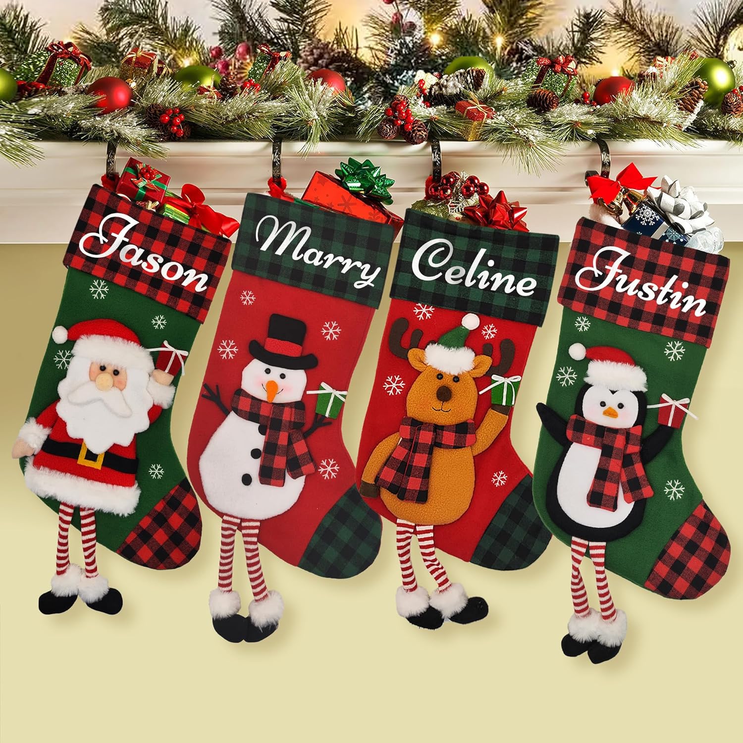 Stockings & Holders - Ecautly Personalized Christmas Stockings with Name, Custom Christmas Stocking Gifts with Elk Bear Snowman Santa Claus Doll, 18