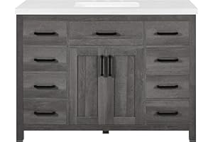 Ella Grey Brown Wood 48-Inch Single Bathroom Vanity with Sink, Double Shaker Door Cabinet, Drawers, Matte Black Handles, Pre-