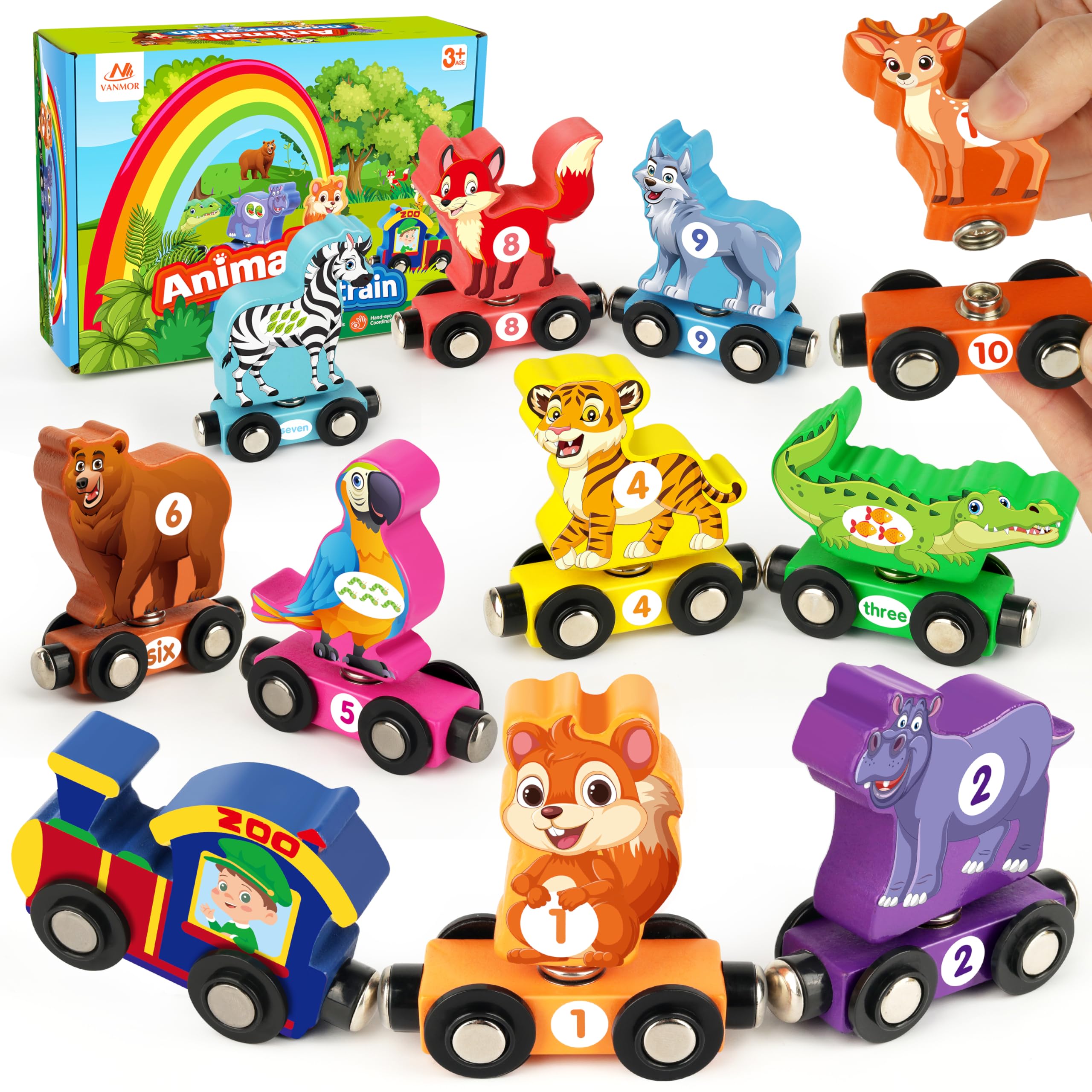 Vanmor Toys for 3 Year Old Boys, Wooden Animal Number Train, Number Matching Montessori Toddler Toys, Gifts for 3+ Year Olds Girls Boys