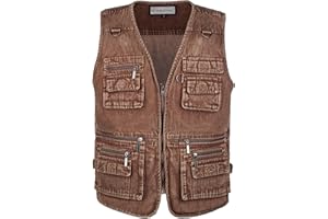 LUSI MADAM Men's Denim Fishing Cargo Outdoor Vest with Pockets