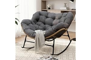 FINCATI Indoor Outdoor Papasan Rocking Chair, Modern Large Reading Lounge Recliner with Cushion, Comfy Big Wicker Rattan Egg Chairs, 450 lbs Sturdy Glider for Bedroom Living Room Porch Garden Grey