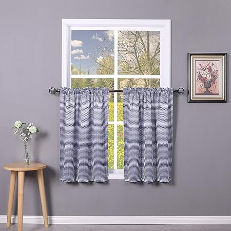Amazon Com Aniello Navy Blue White Waffle Tier Curtains For