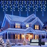Qunlight Christmas Icicle Lights Outdoor,300 LED 33FT Hanging String Lights | 50 Drops Connectable,8 Modes & Memory, Plug In Hanging Twinkle Lights for Bedroom,Curtain,Roof,Party,Xmas Decor,Blue White