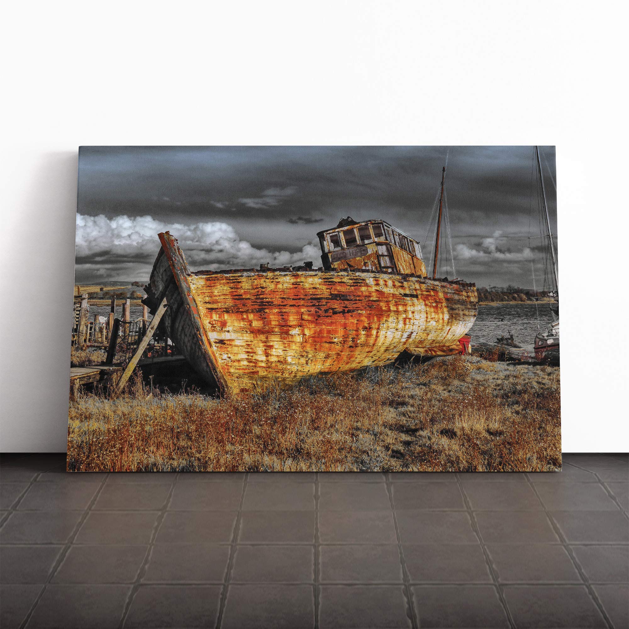 Stranded Boat Wreck on Beach (3) Canvas Print | Gallery Wrapped 30mm Frame Wall Art | 20x14 inches | Ready to Hang | Modern Seascape Picture | Living Room Bedroom Lounge Office